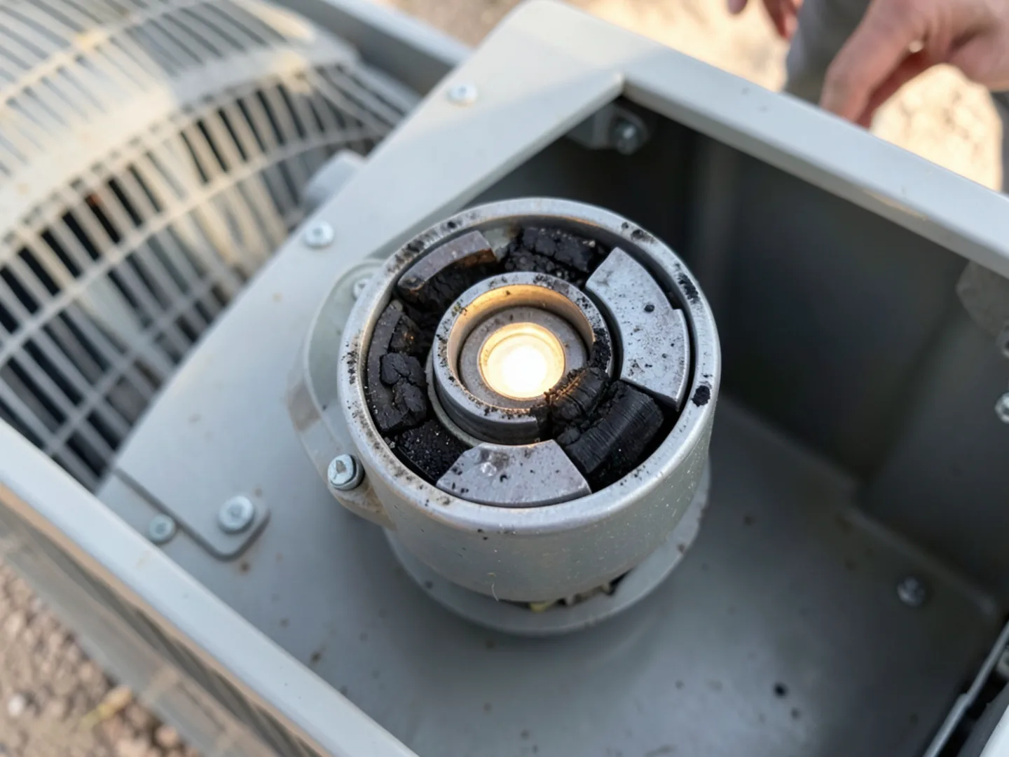 Pitted contactor points requiring replacement in an AC condenser