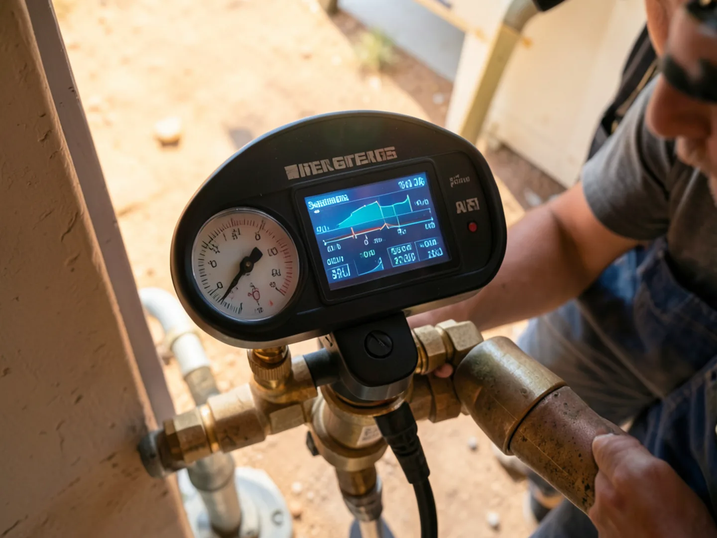 Digital manifold gauges connected to outdoor AC service valves