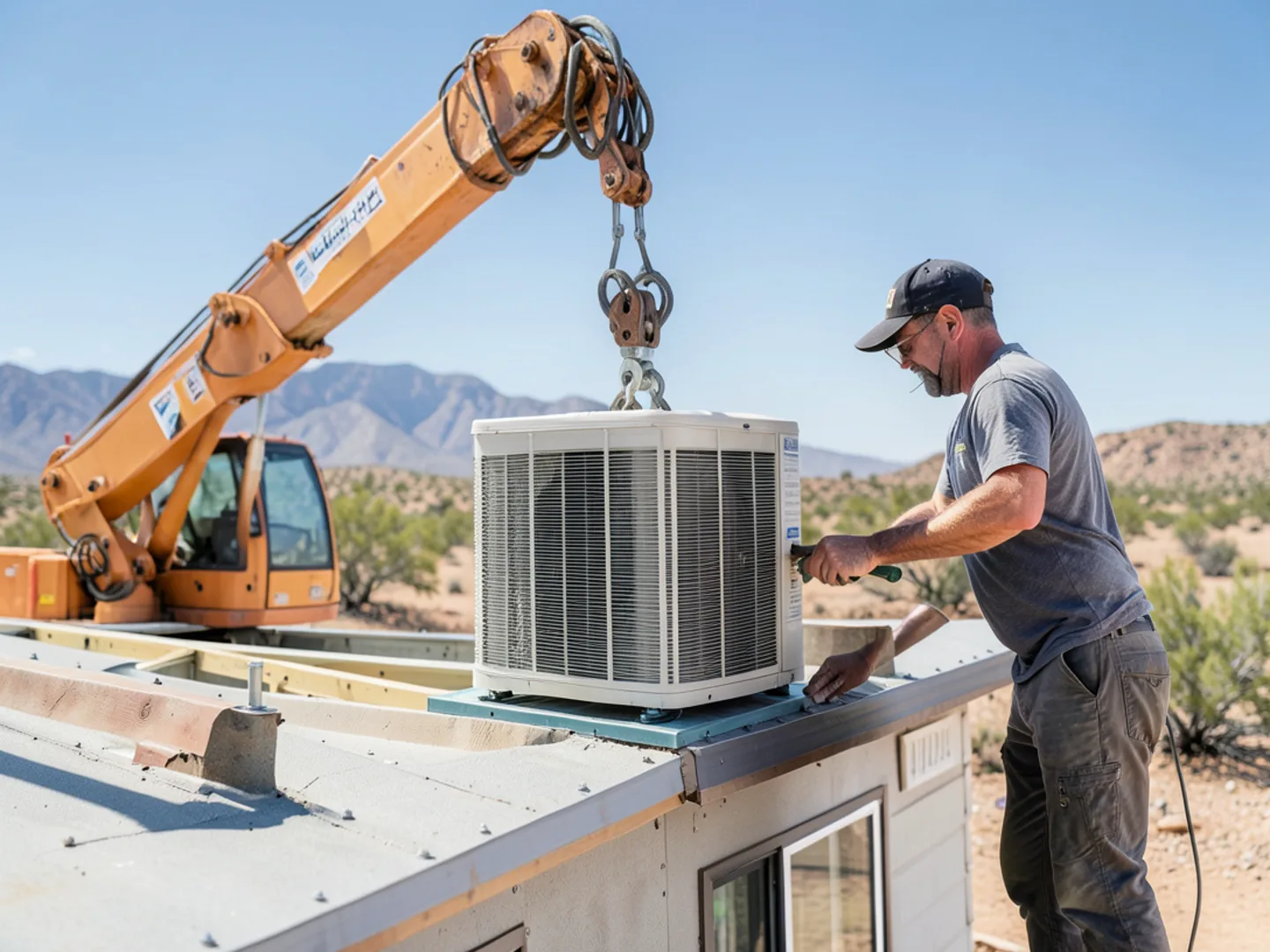 Mobile boom crane lifting a package HVAC unit onto a roof curb