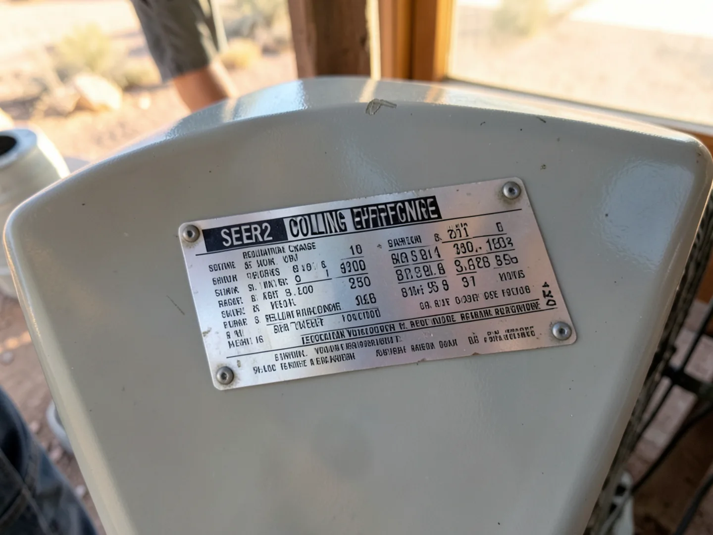 Specification label showing SEER2 efficiency and electrical criteria