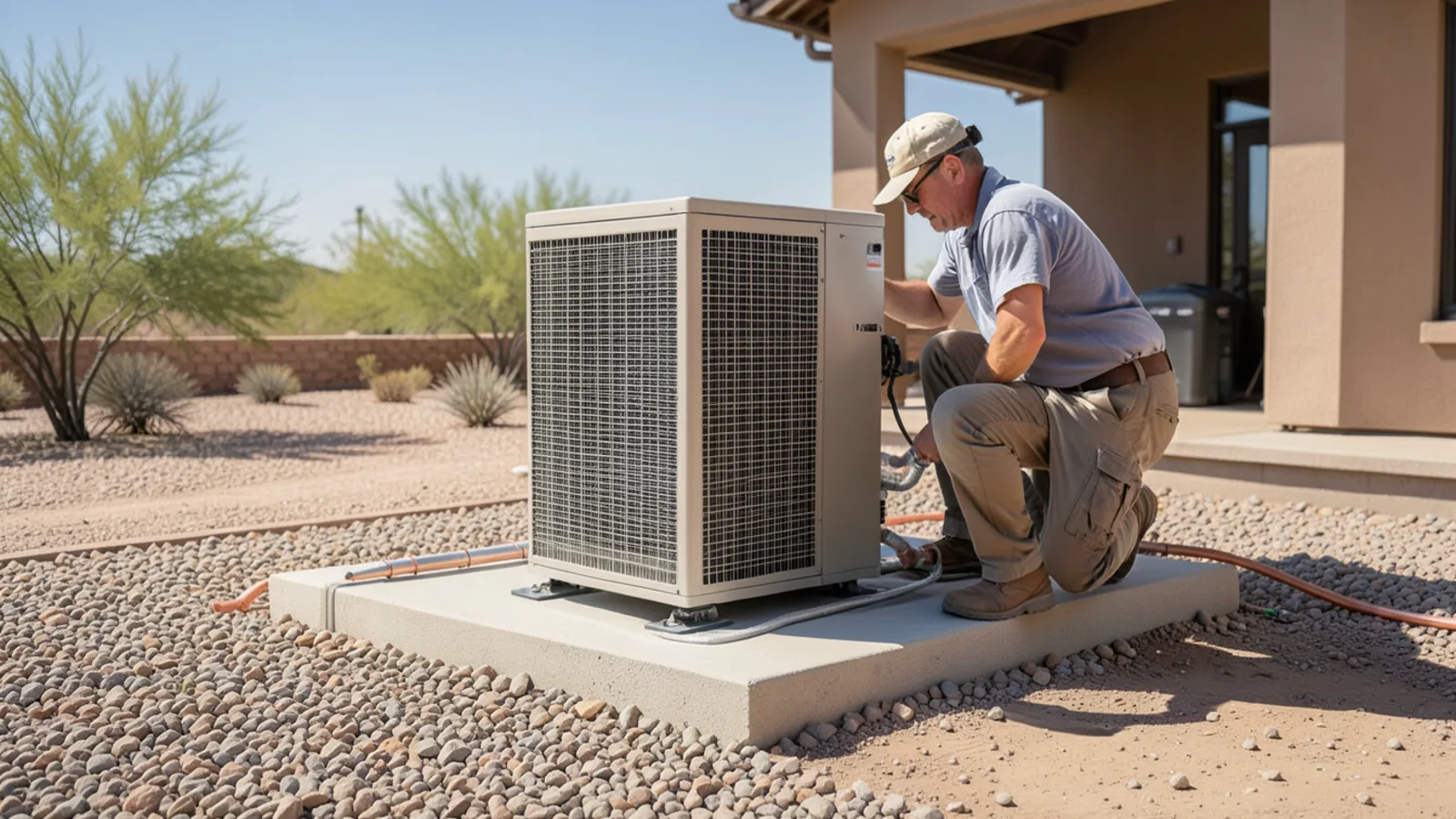 High-efficiency heat pump replacement condenser in desert yard