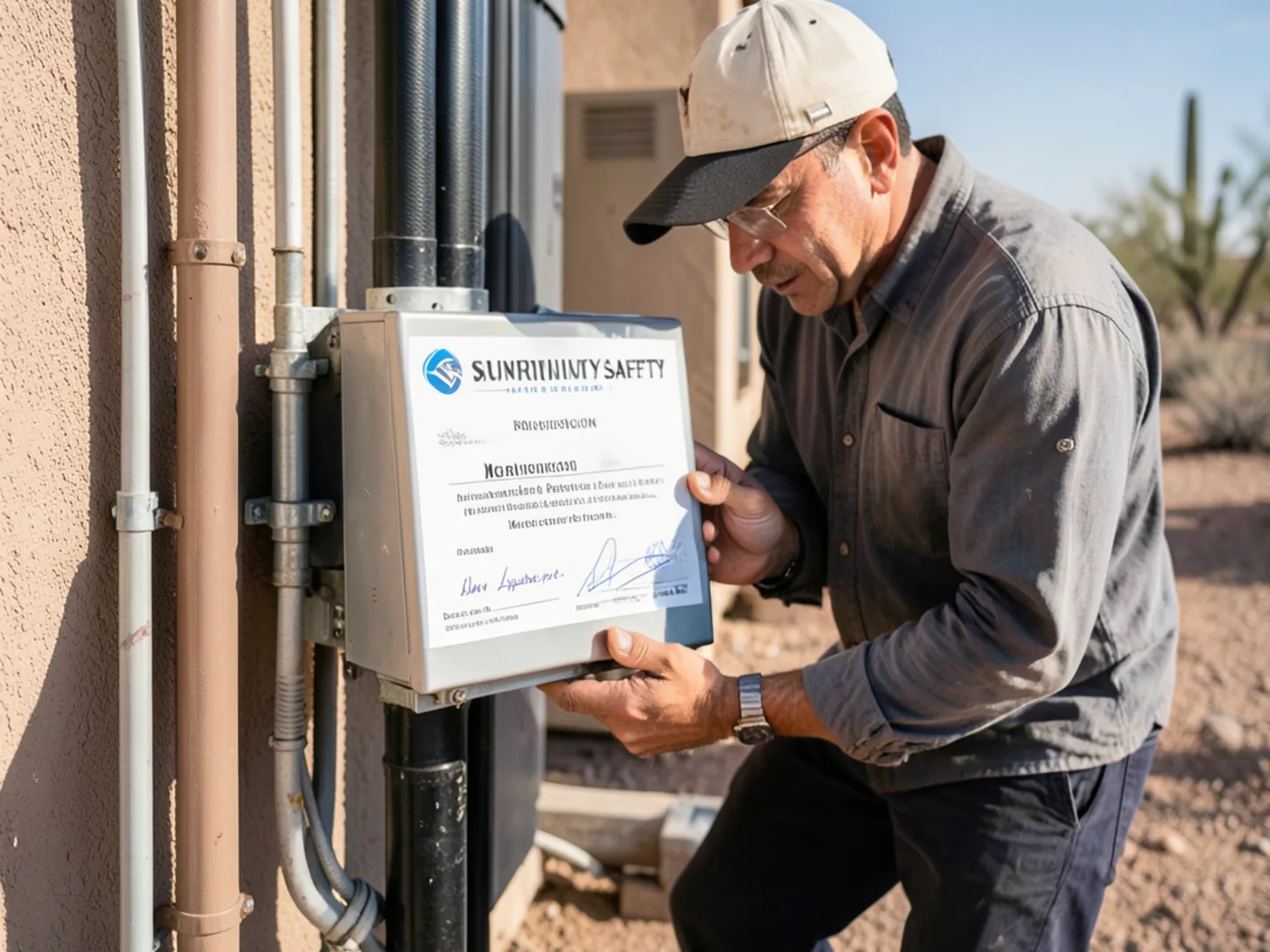 City building safety mechanical permit inspection card on disconnect box