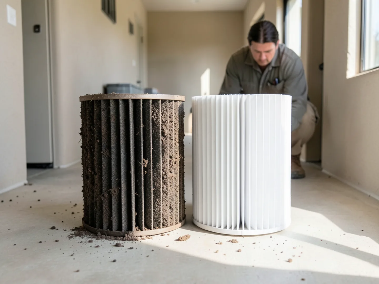 Dust-choked air filter alongside a clean replacement pleated filter