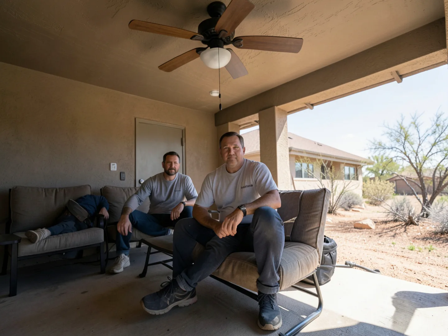 Shaded desert covered patio with ceiling fan for heat safety