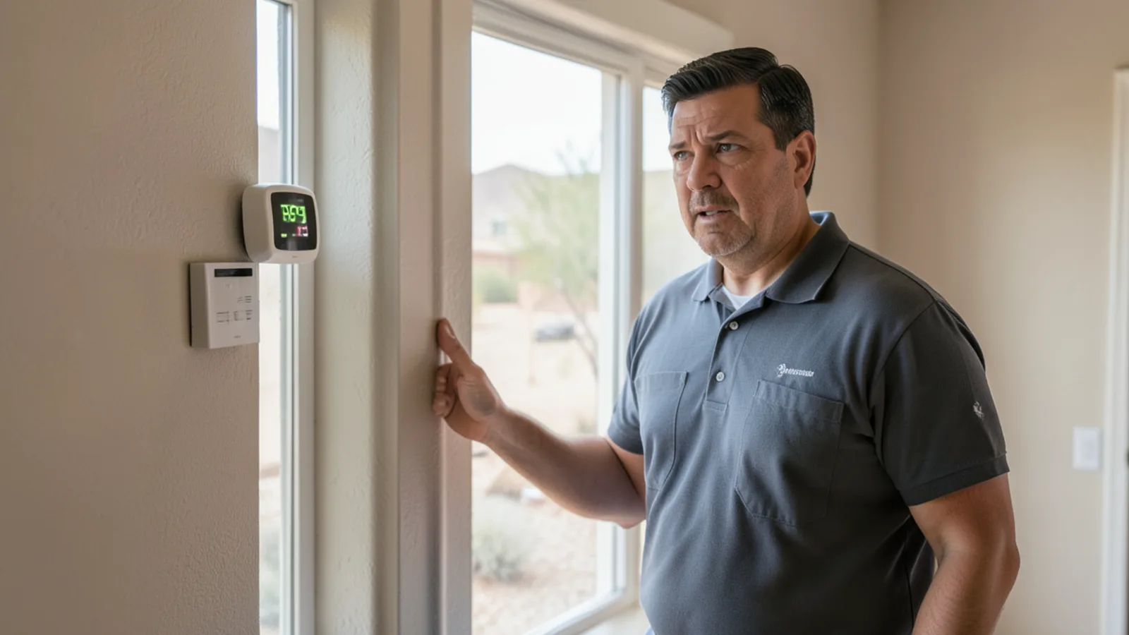 Homeowner checking digital thermostat during extreme heat