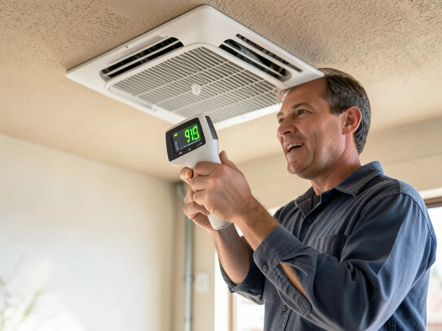 Infrared thermometer measuring warm supply air discharge temperature