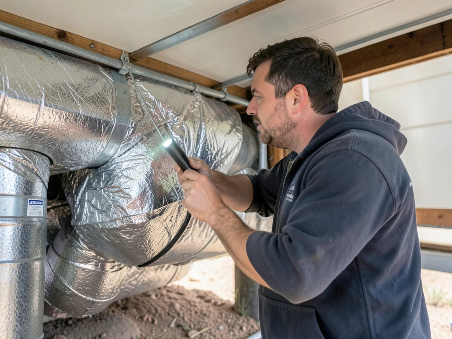Inspecting insulated belly wrap and ductwork under a manufactured home