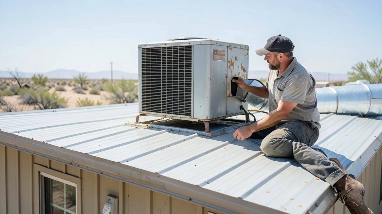 Manufactured home roofline showing package AC unit