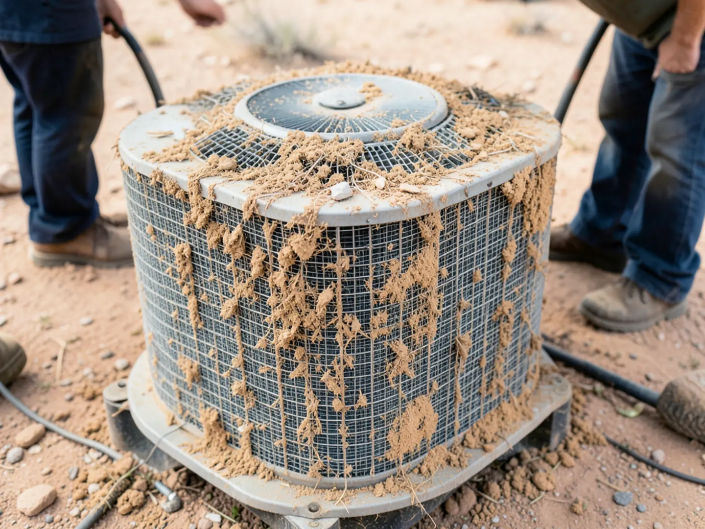 Condenser coil fins caked with dry tan caliche dust after haboob windstorm
