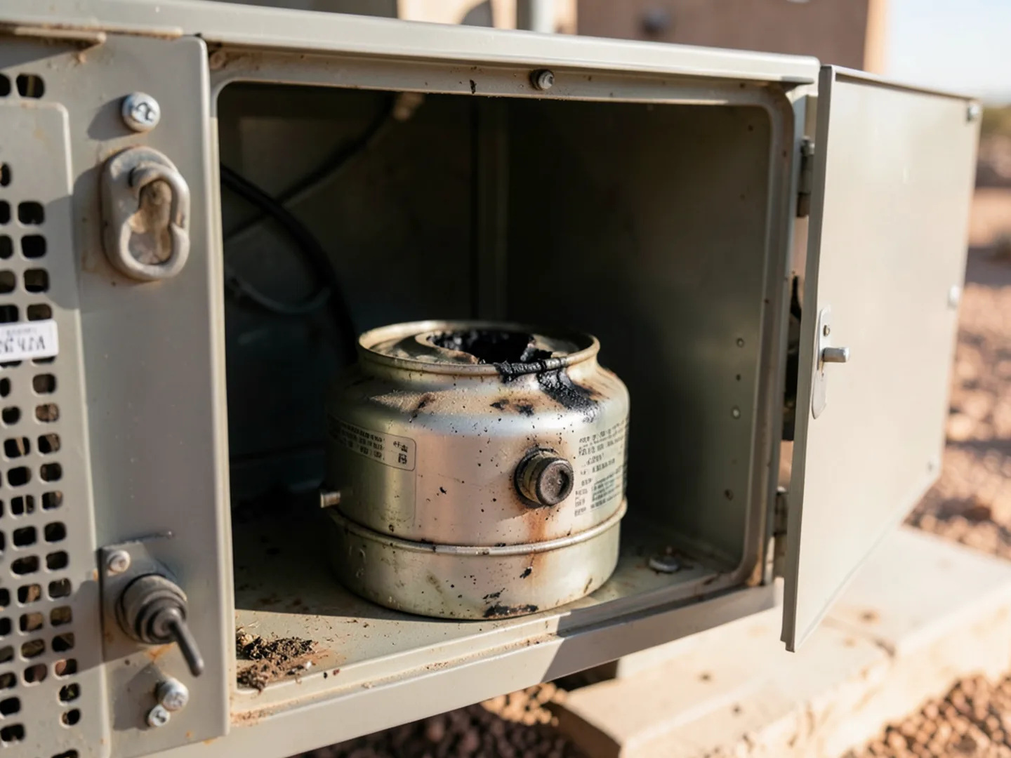 Failed dual-run capacitor showing bulging top pressure relief plug