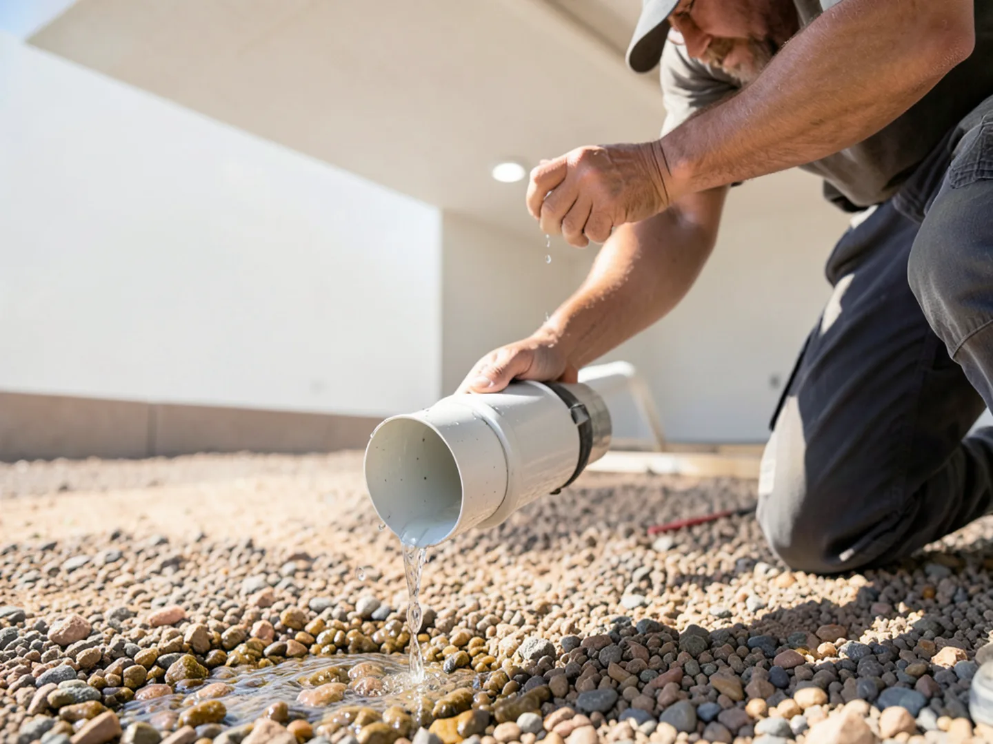 Outdoor PVC condensate drain line dripping into desert gravel landscaping