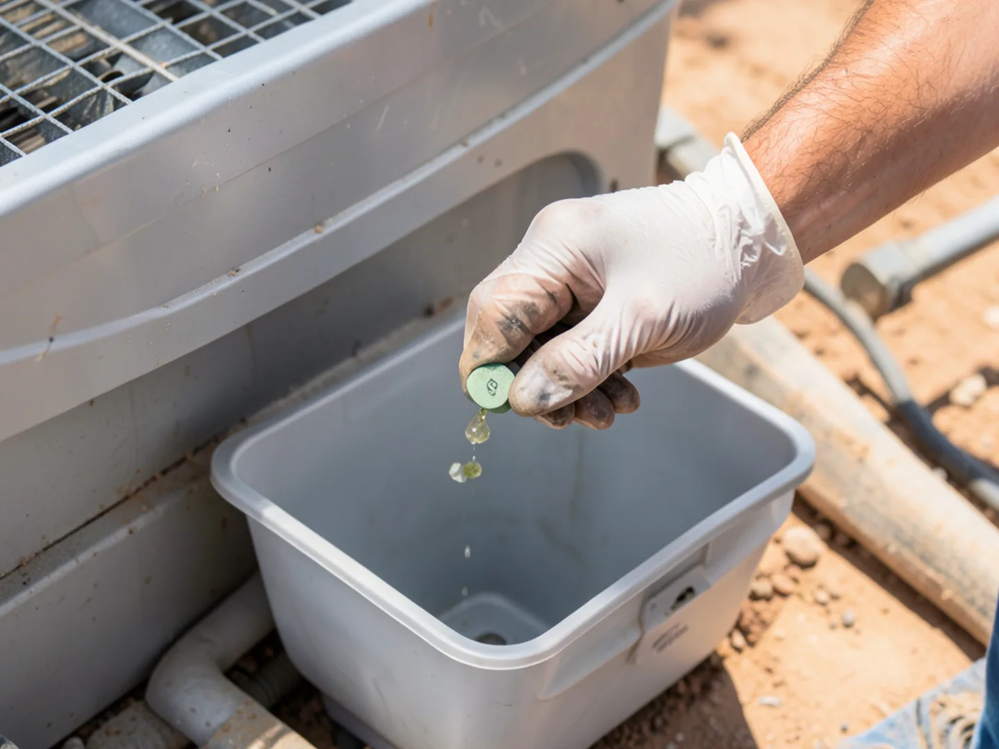 Placing algaecide tablets into condensate drain pan to prevent summer line blockages