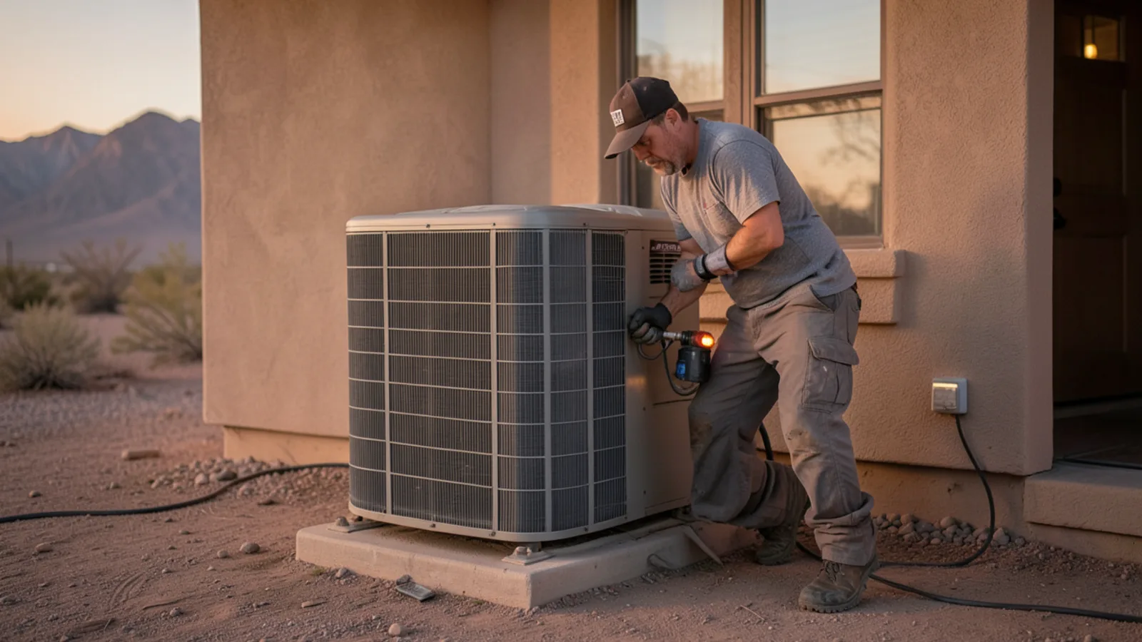 Emergency AC repair exterior inspection at dusk in Apache Junction