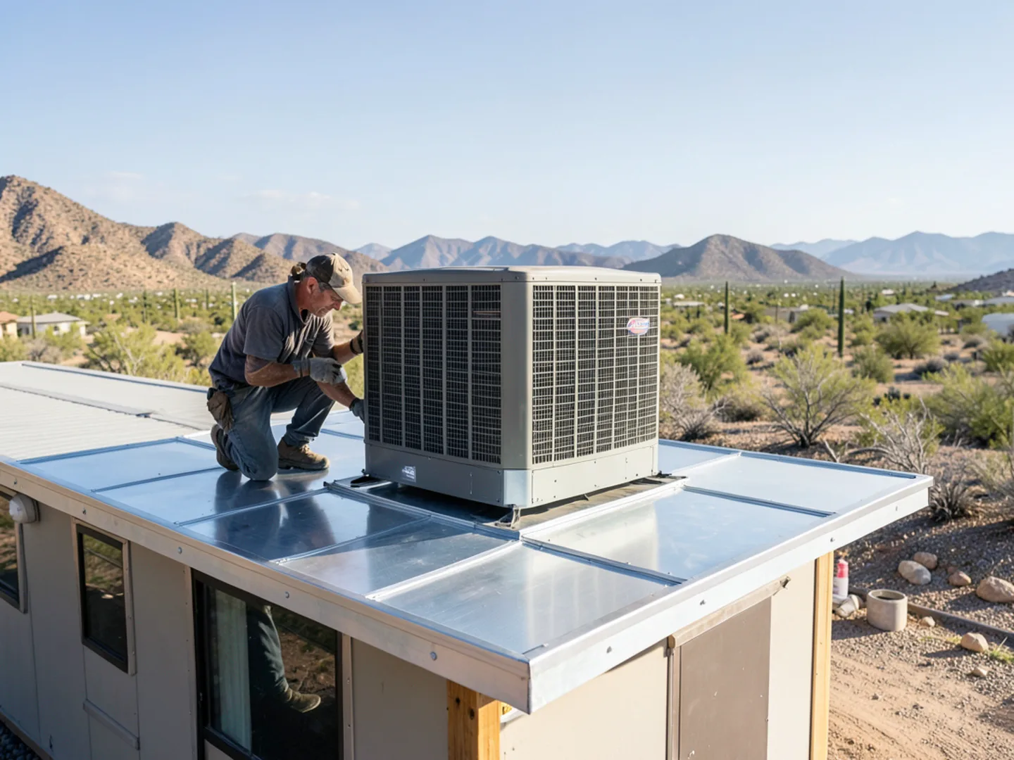 Package unit air conditioner mounted on a manufactured home roof curb