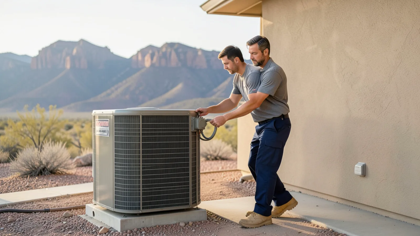 HVAC technician testing an outdoor condenser disconnect switch in Apache Junction AZ