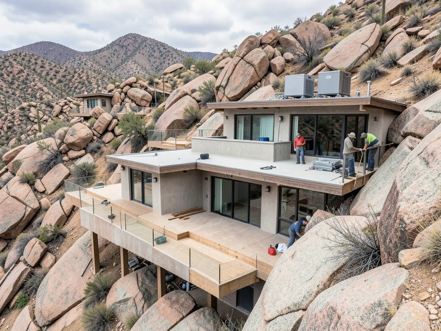Steep hillside home architecture in Fountain Hills with multi-level decks