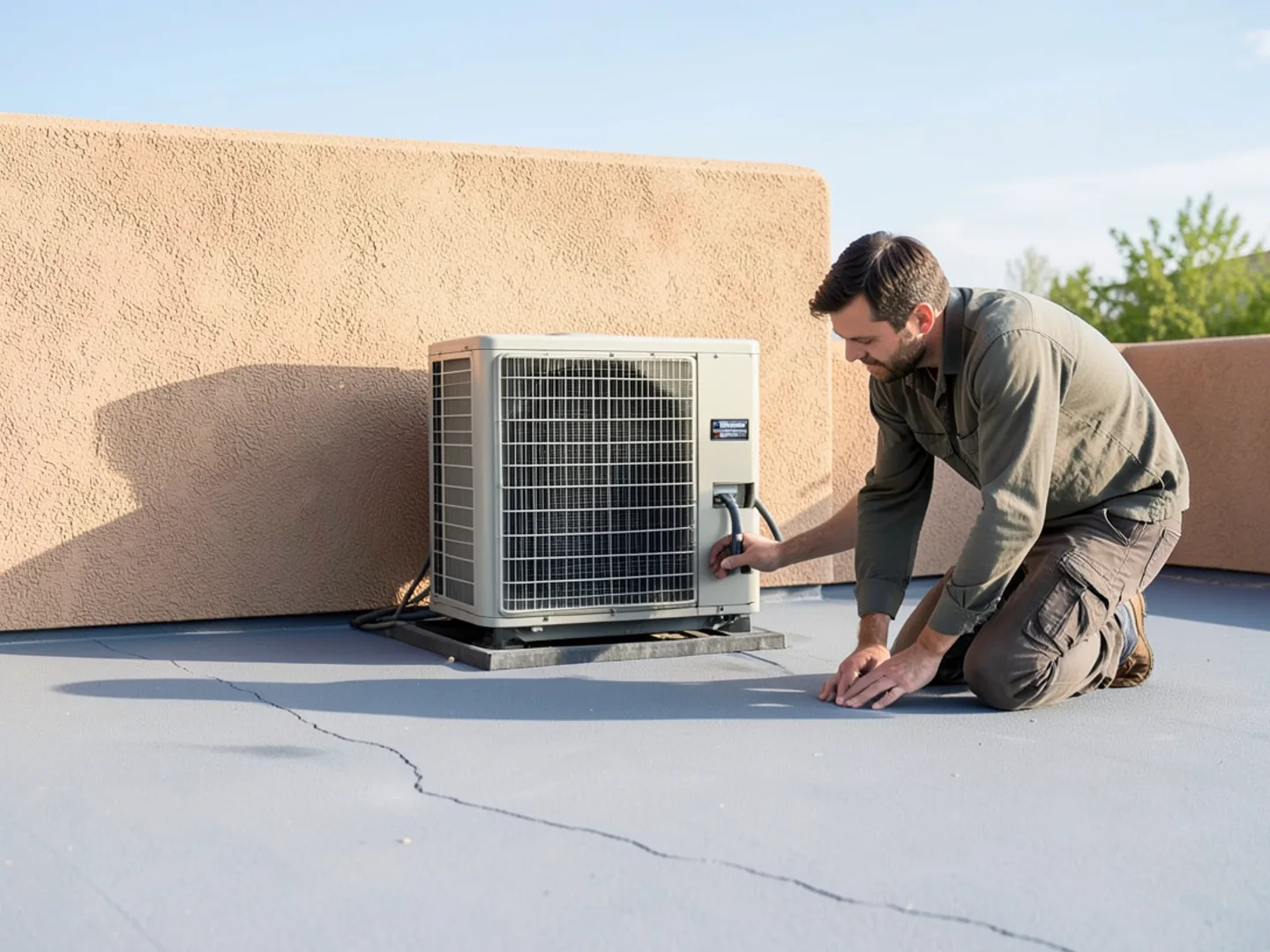 Package HVAC unit on a flat roof section behind a stucco parapet wall