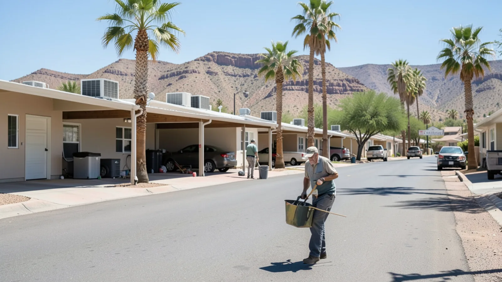 East Mesa mobile home park streetscape with rooftop package units