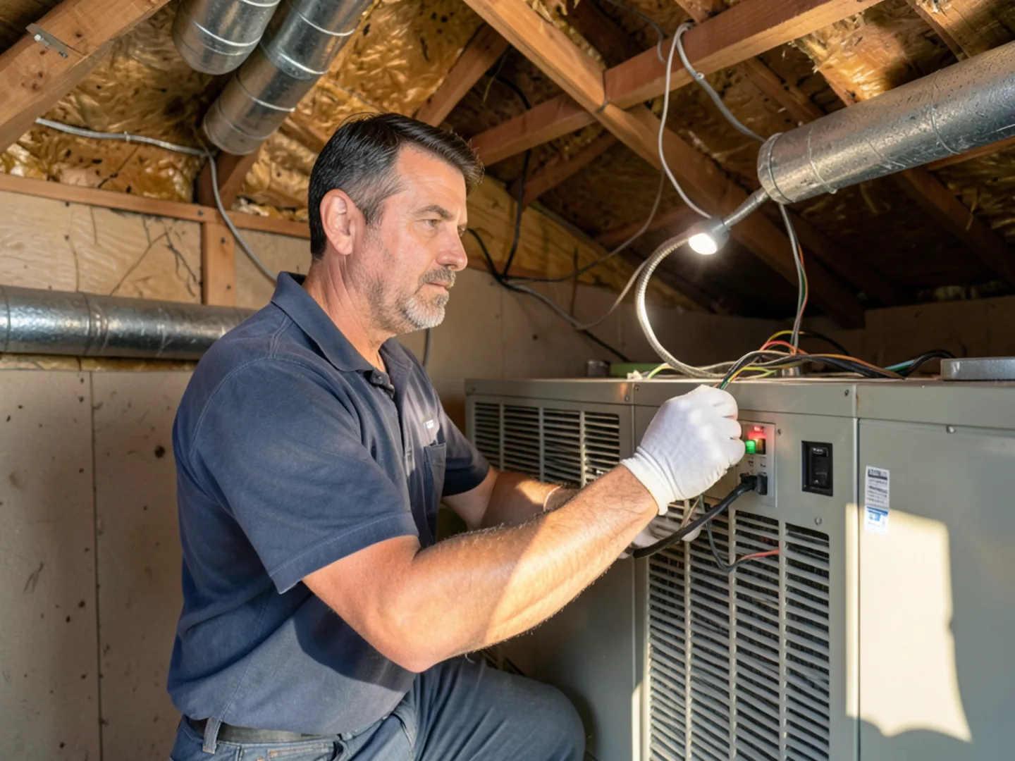 Inspection of an attic horizontal air handler and flexible supply duct plenum