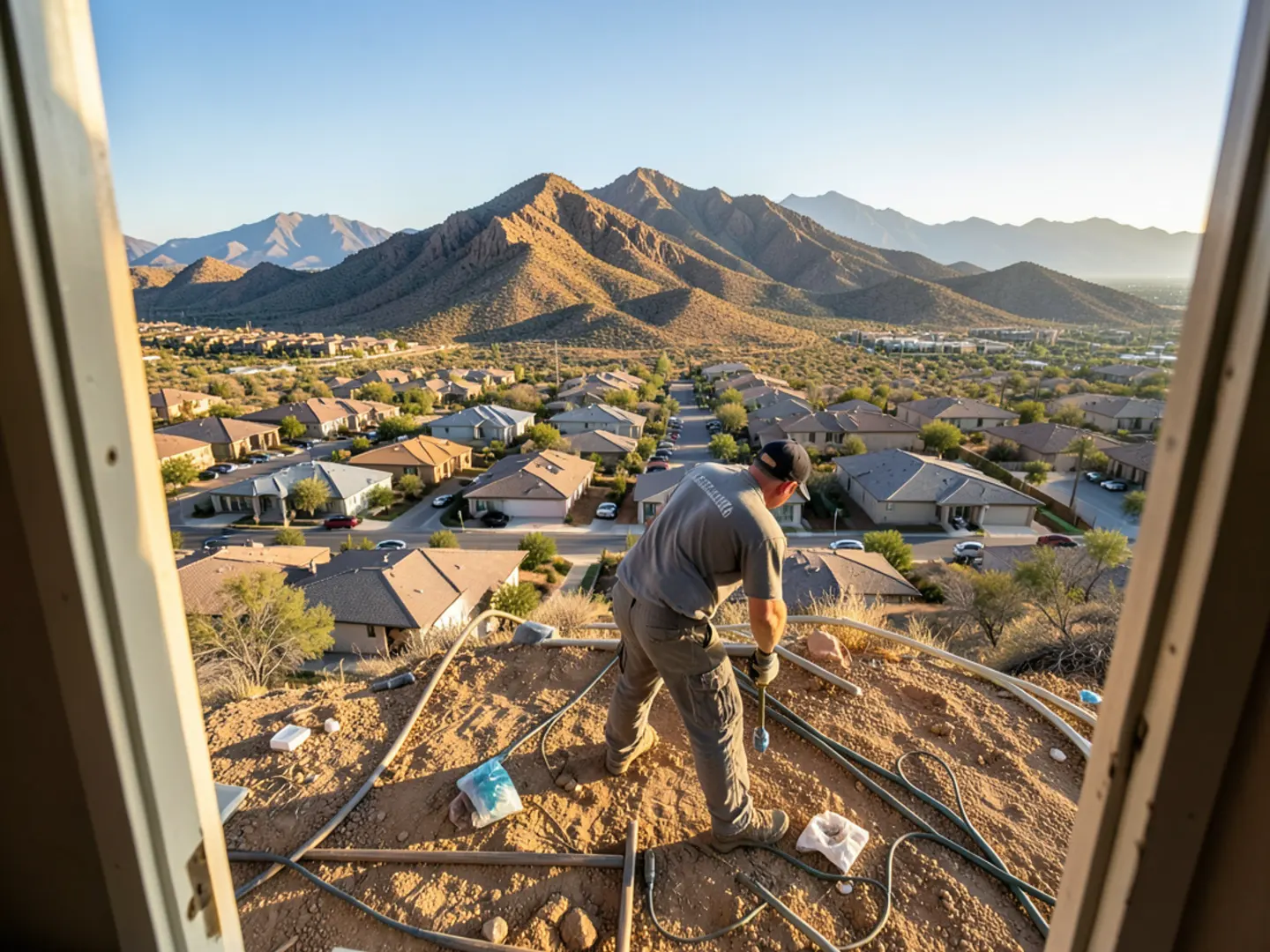 Panoramic view toward San Tan Mountain Regional Park behind residential subdivisions