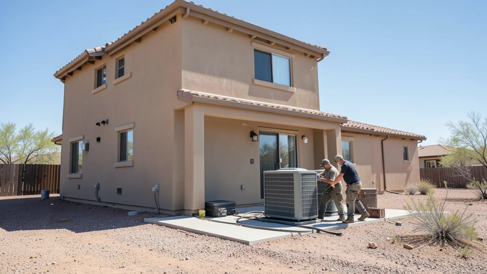 Two-story stucco tract home in San Tan Valley with split heat pump